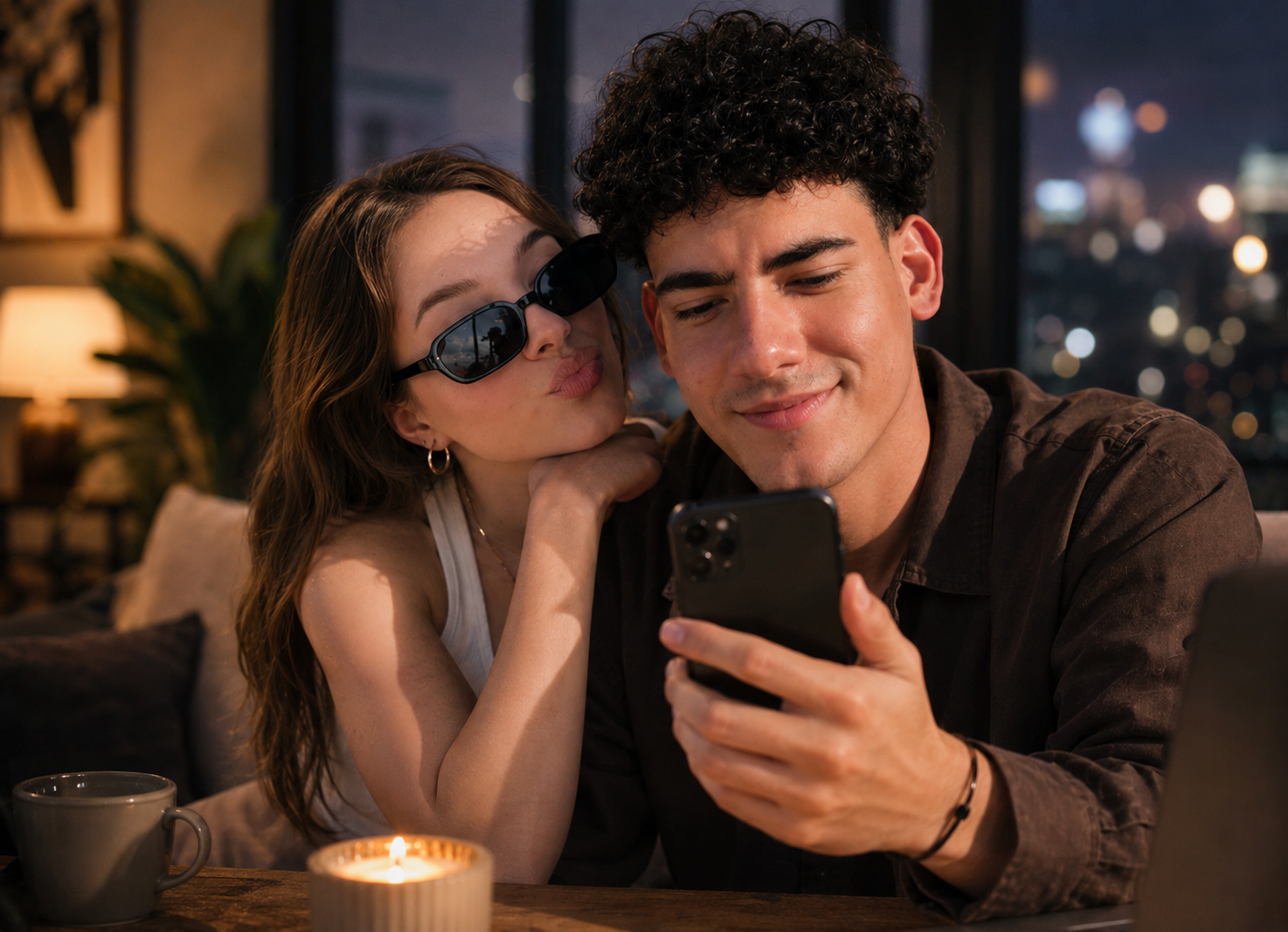 AI dating shown through a young couple using modern technology while navigating romance, communication and human connection.