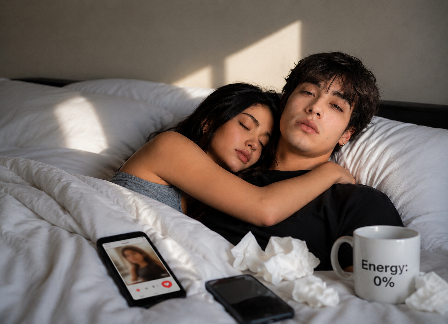 Dating burnout shown by an exhausted young adult feeling mentally drained by modern dating and dating apps.