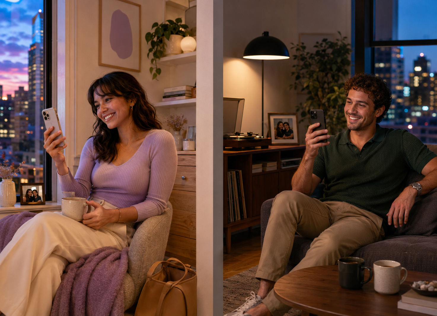 Happy committed couple living in separate homes video calling each other, illustrating the Living Apart Together relationship lifestyle.