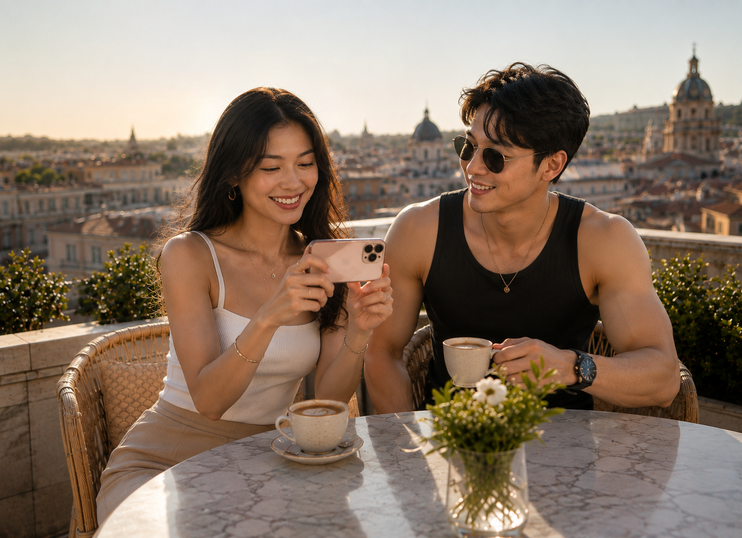 Young couple looking at a smartphone together at a rooftop café
