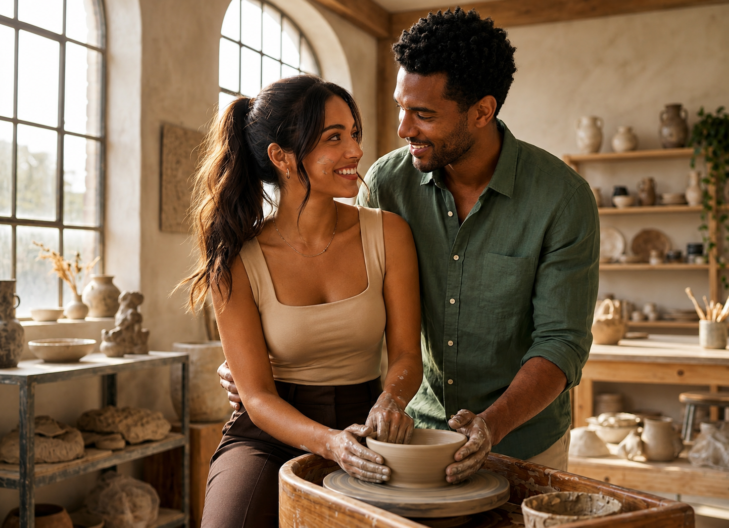 Dating with intention shown by a young adult couple sharing a playful pottery date while developing a meaningful romantic connection.