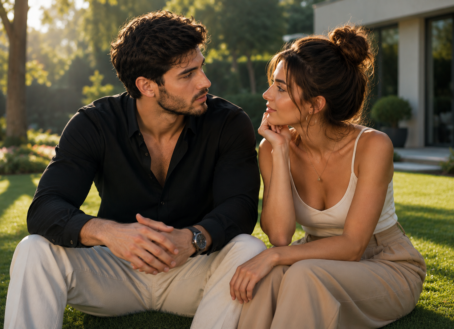 Young couple discussing emotional connection and relationship support outdoors