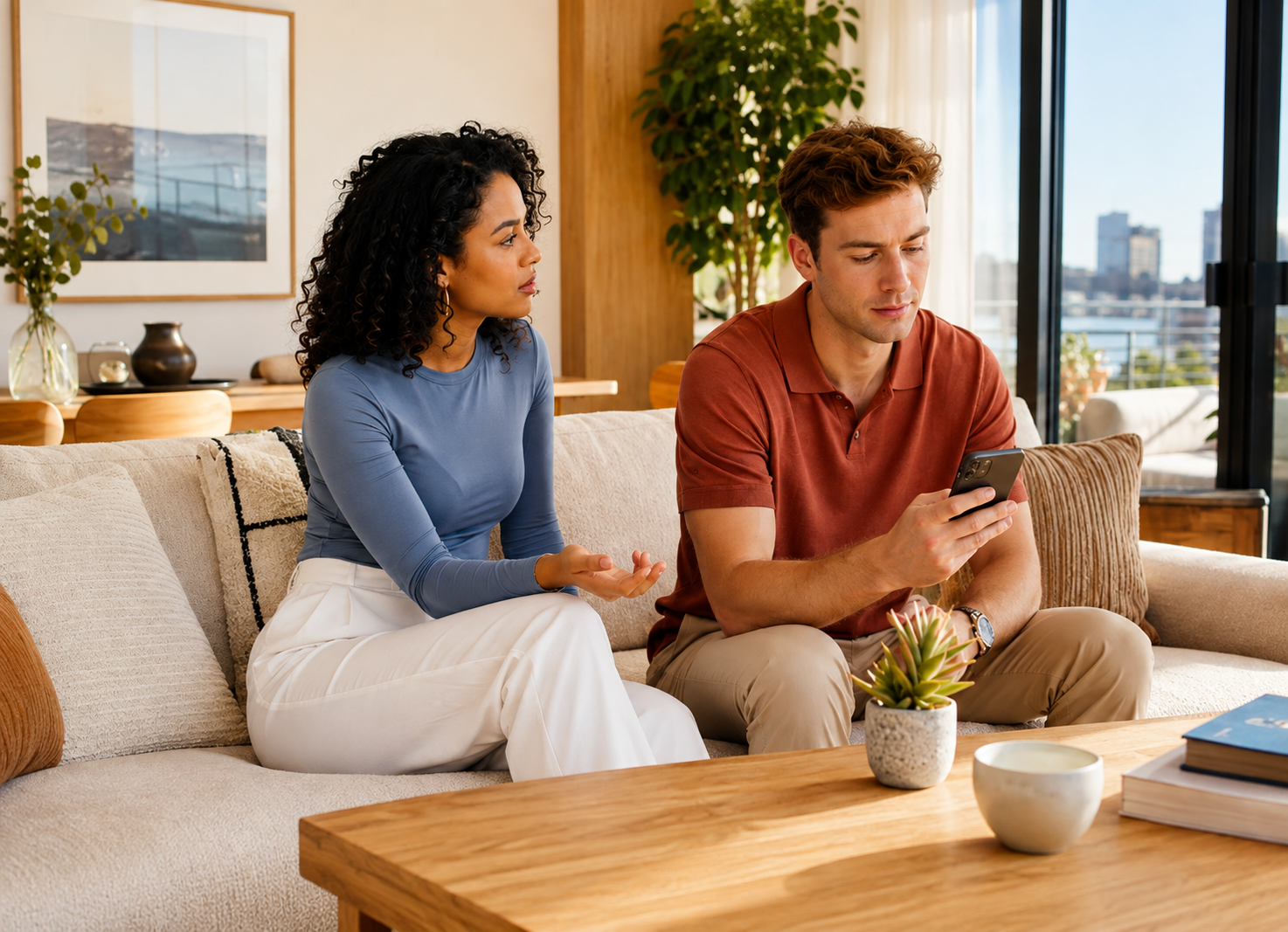 Woman trying to talk with her partner while he is distracted by his phone