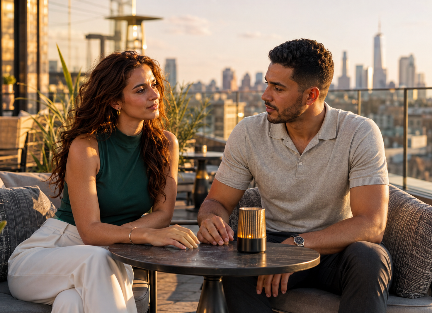 Couple discussing their undefined relationship at a New York rooftop lounge