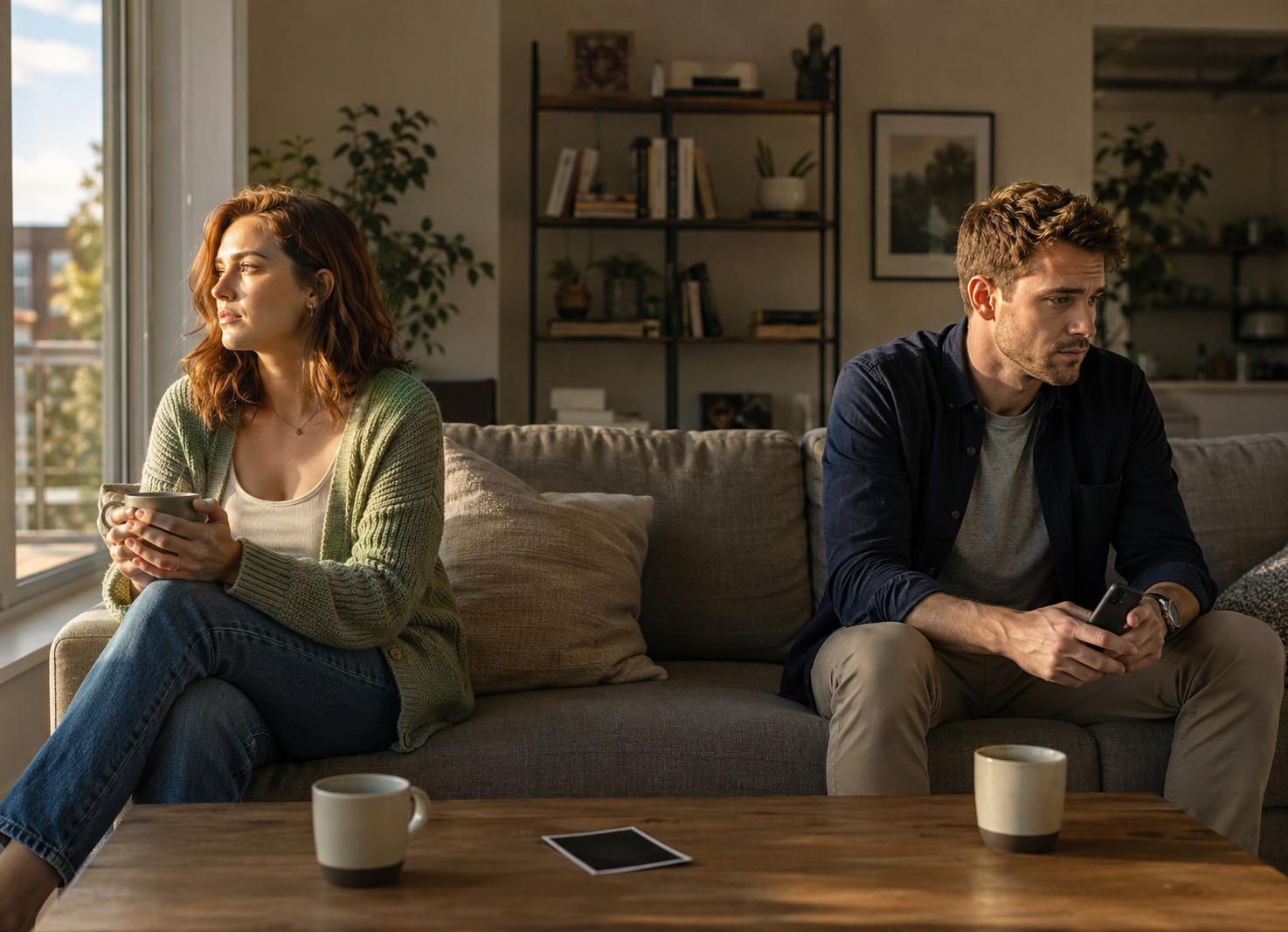 Man and woman processing a breakup differently while sitting apart in a living room