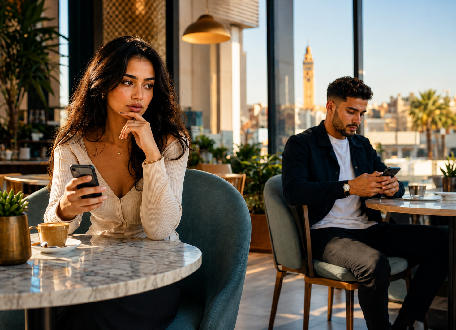 Woman and man distracted by their phones while sitting apart at a café