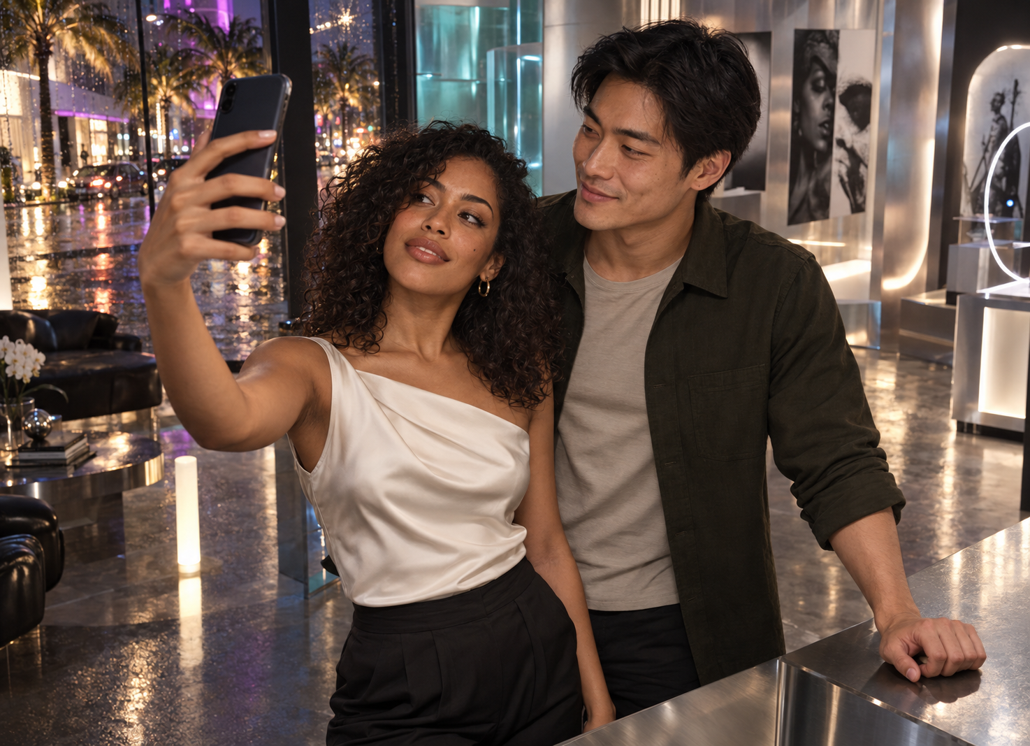 Dating app face verification shown by a young adult couple using a live smartphone selfie while navigating AI dating, online safety, identity and privacy.