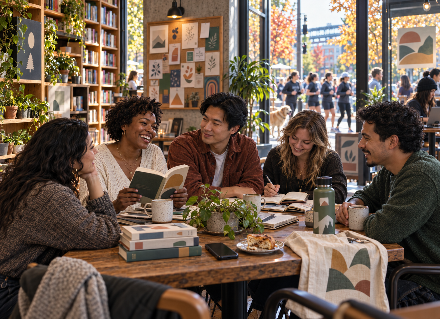 Community-maxxing with five young adults connecting at a cozy Portland bookstore café, sharing books, coffee and conversation while a neighborhood running group gathers outside.