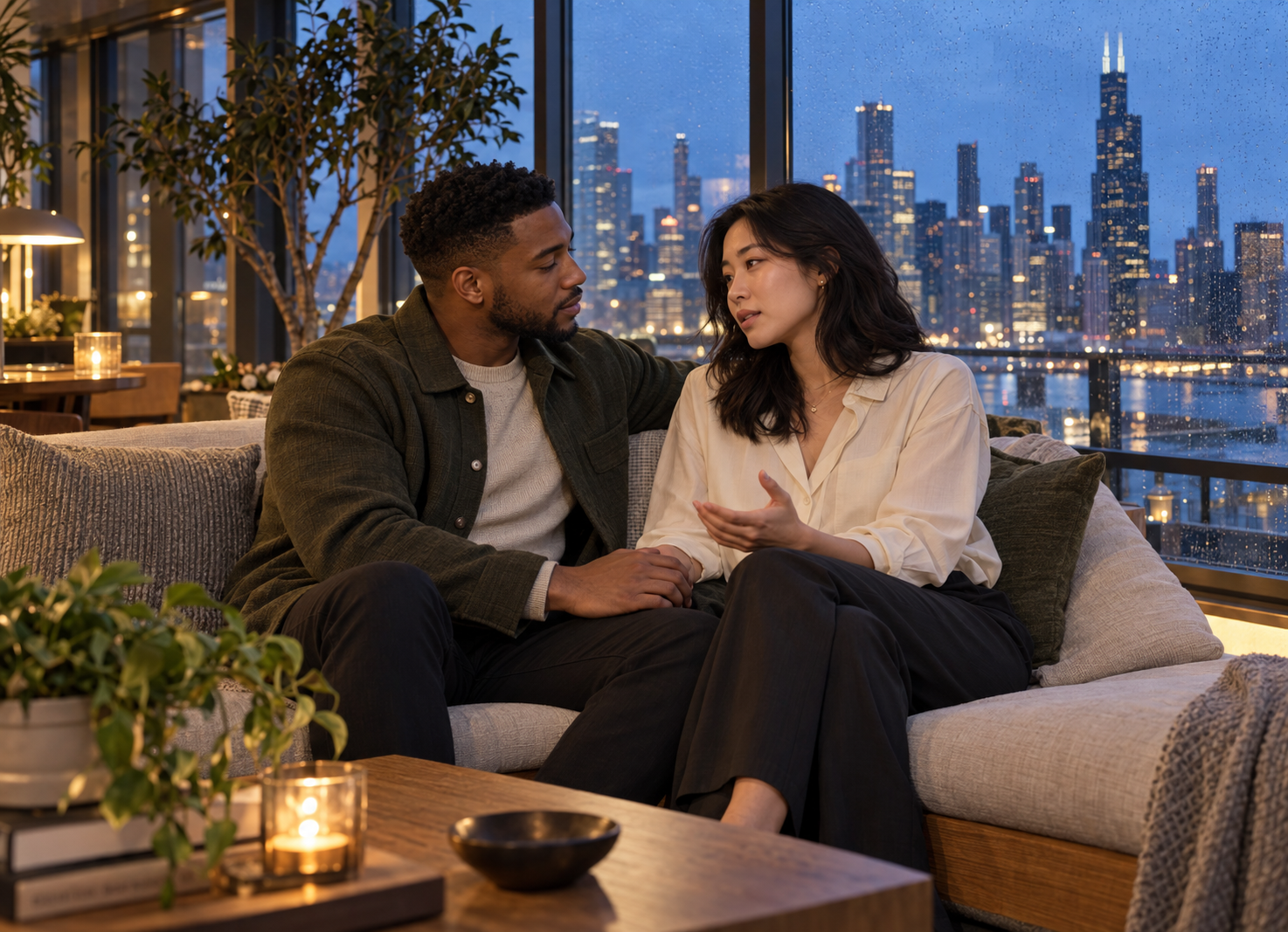 A couple having a calm, intimate conversation in a cozy rooftop lounge, illustrating emotional safety, trust, honesty, and healthy communication in a relationship.