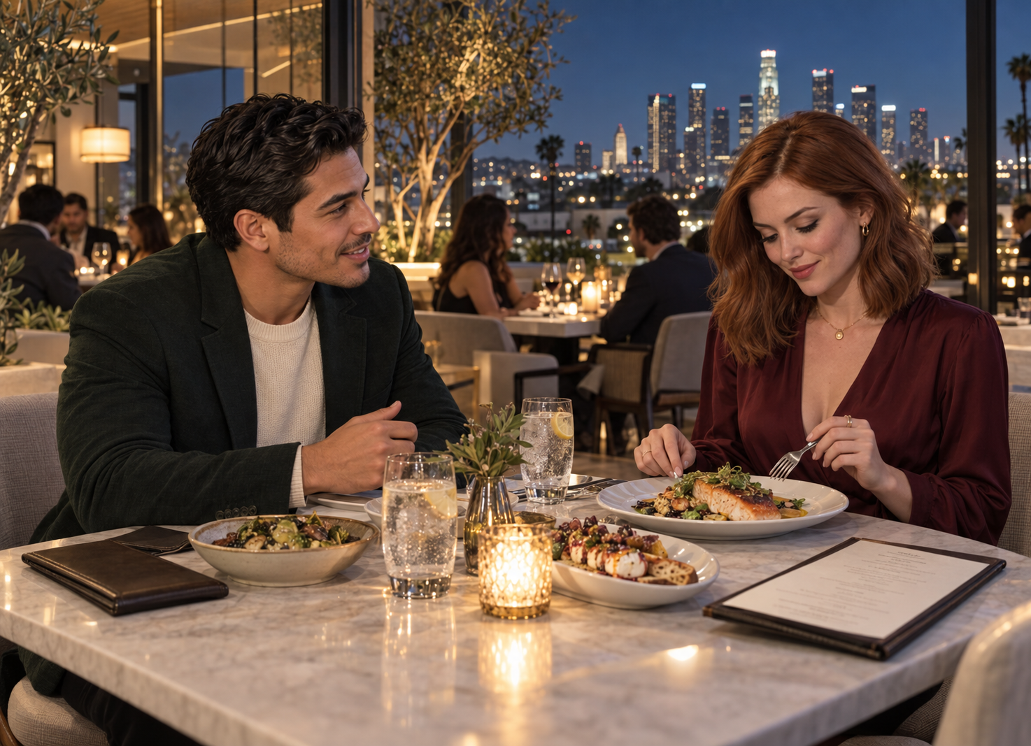 A couple on a rooftop dinner date in Los Angeles, with the man focused on conversation while the woman is more drawn to the gourmet meal, illustrating the “foodie call” dating phenomenon.