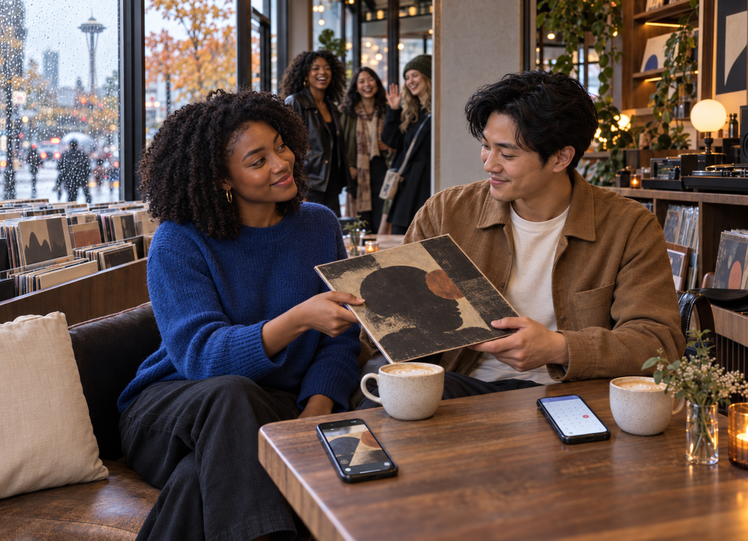 Micro-commitments in modern dating shown as a young couple sharing a meaningful vinyl record at a cozy Seattle record-store café, with coffee, future plans, and friends entering in the background.