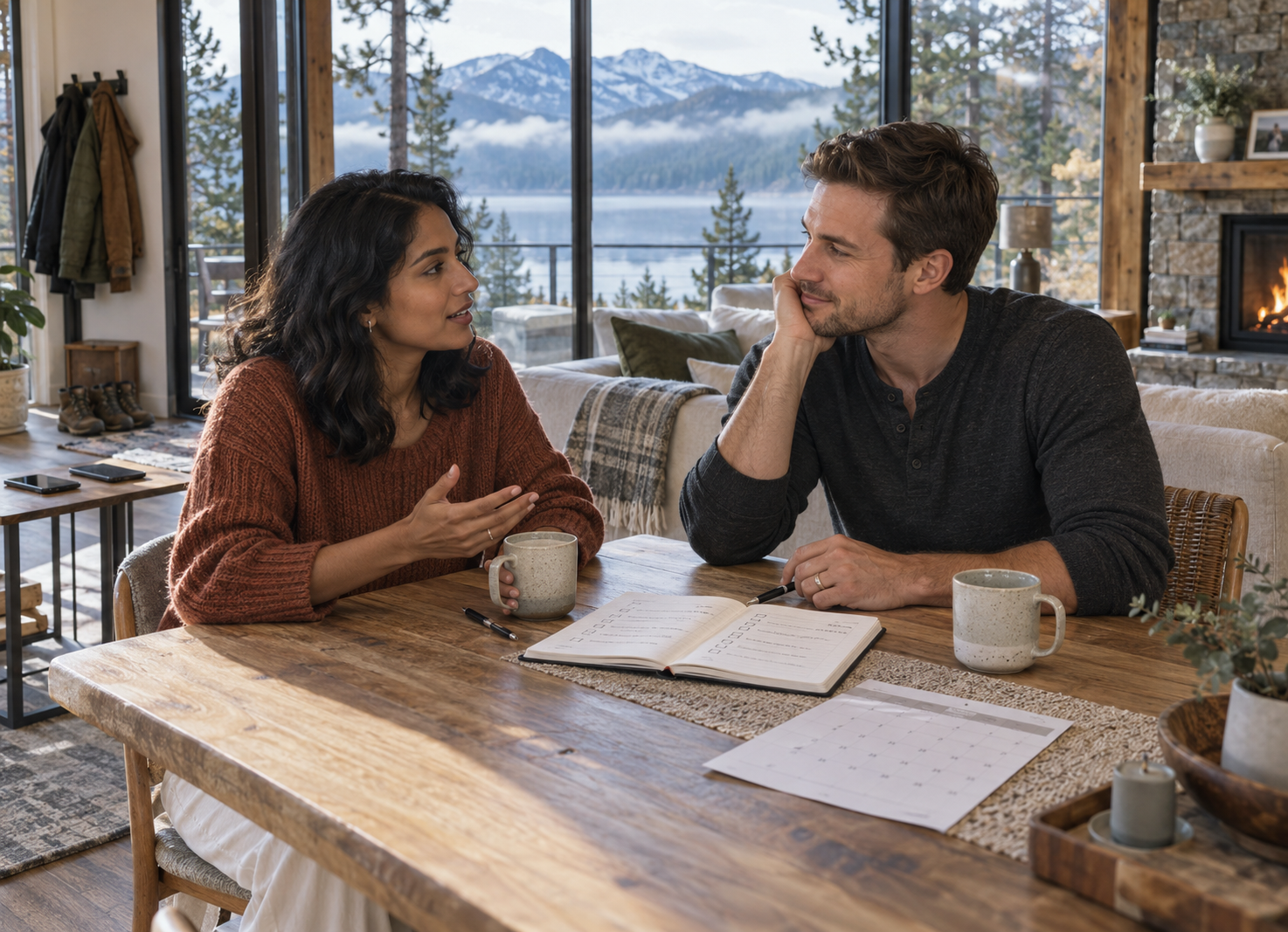 Couple having a healthy relationship audit at a Lake Tahoe cabin, discussing communication, needs and future goals over coffee and an open notebook.