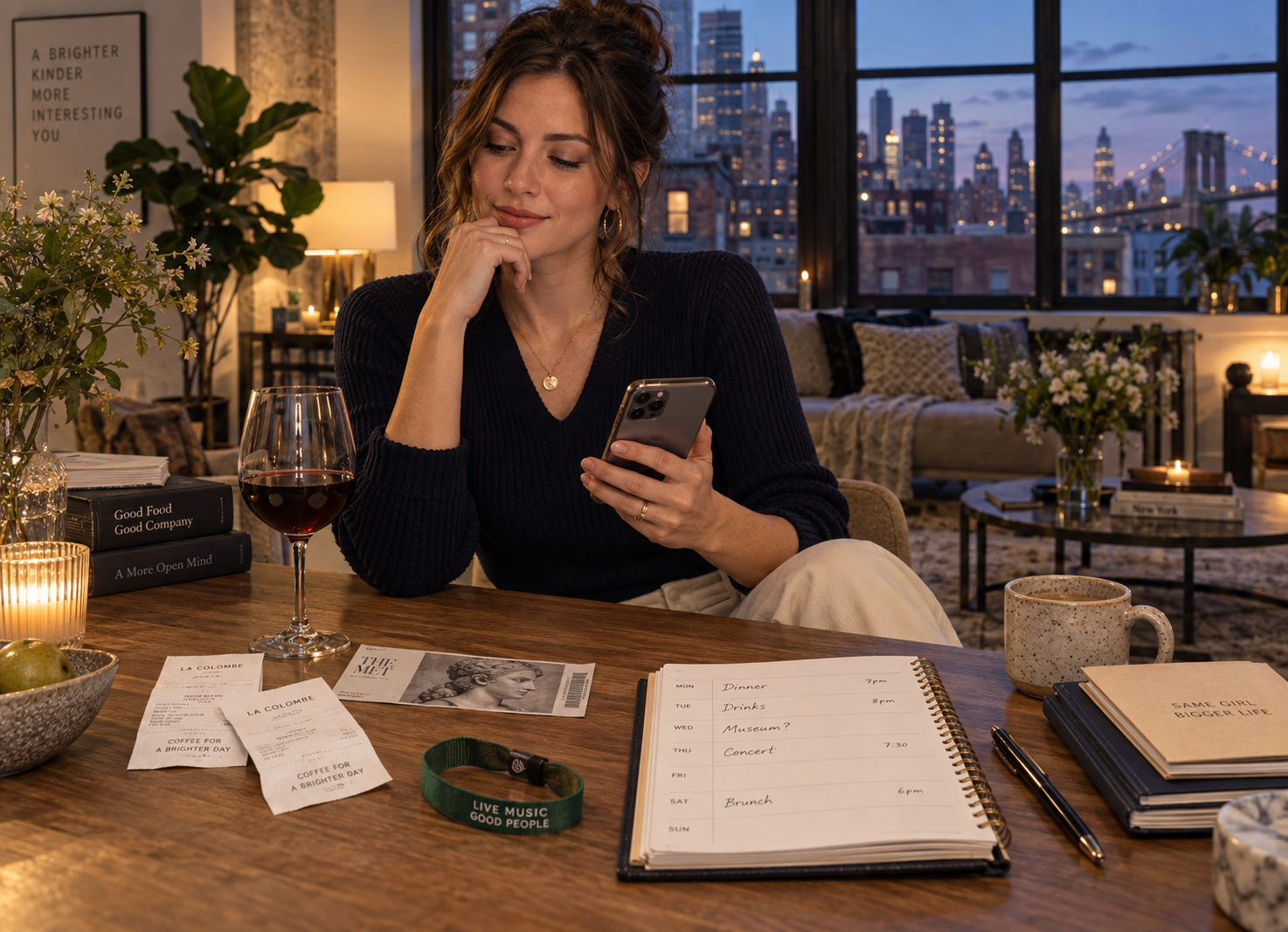 Woman in a stylish Brooklyn apartment checking her phone beside a weekly planner, coffee receipts, museum tickets, and a concert wristband, illustrating roster dating and multiple early-stage romantic connections.