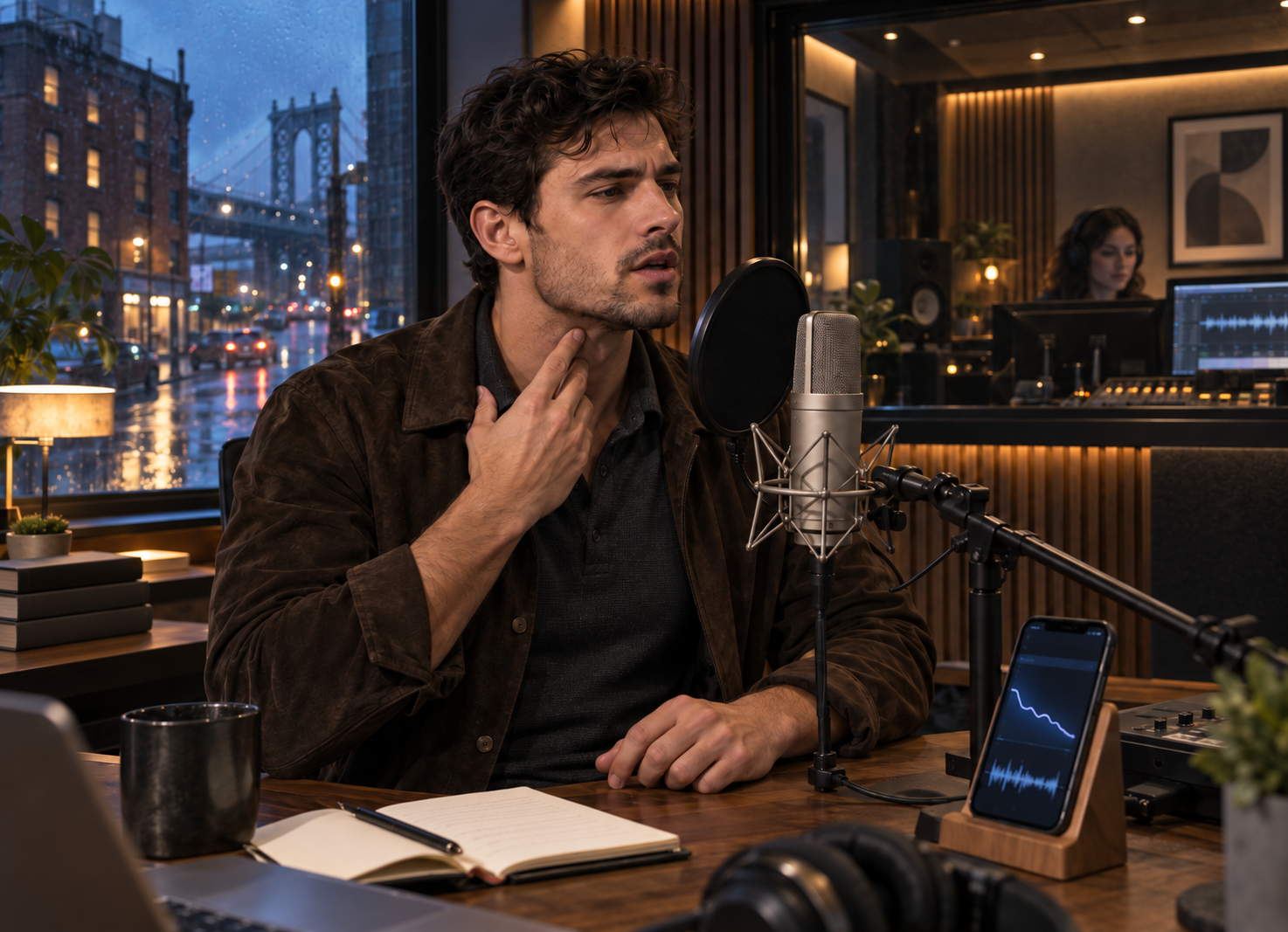 A young man experiments with deepening his voice while recording in a professional Brooklyn podcast studio, illustrating the viral voicemaxxing trend, masculinity, attraction, and online self-optimization.